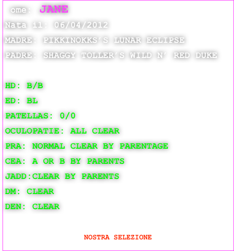Nome: JANE 

Nata il: 06/04/2012

MADRE: PIKKINOKKS’S LUNAR ECLIPSE

PADRE: SHAGGY TOLLER’S WILD N’ RED DUKE



HD: B/B

ED: BL

PATELLAS: 0/0

OCULOPATIE: ALL CLEAR

PRA: NORMAL CLEAR BY PARENTAGE

CEA: A OR B BY PARENTS

JADD:CLEAR BY PARENTS

DM: CLEAR

DEN: CLEAR




NOSTRA SELEZIONE
